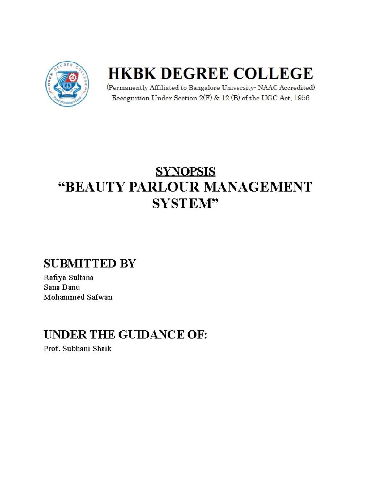 Final Year Project Synopsis: Beauty Parlour Management System - Studocu
