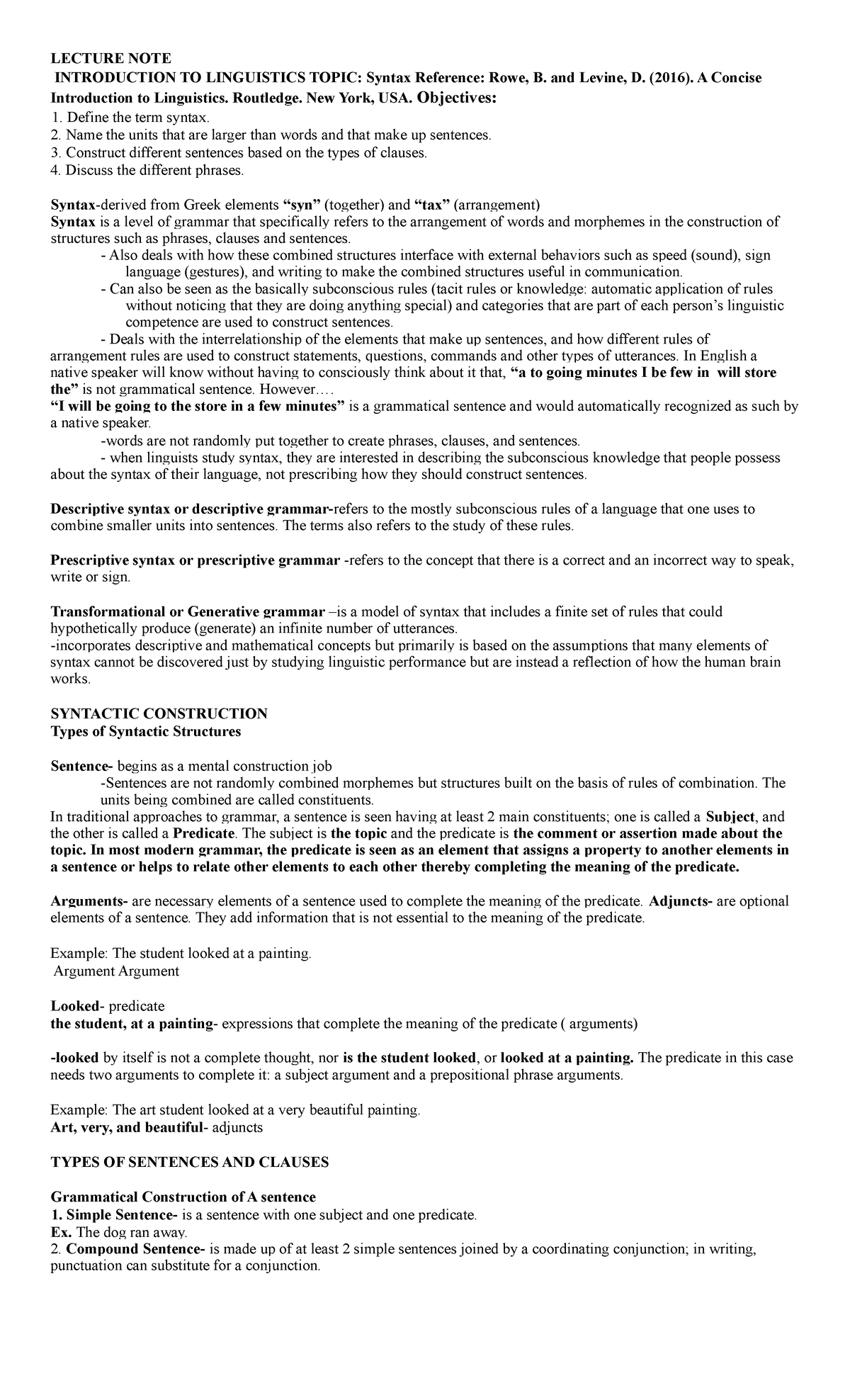 Lecture Note on Syntax: Understanding Linguistic Structures - Studocu