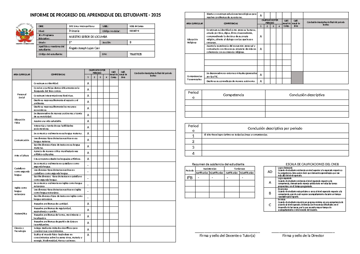 Informe de Progreso del Aprendizaje del Estudiante - Primaria 2025 ...