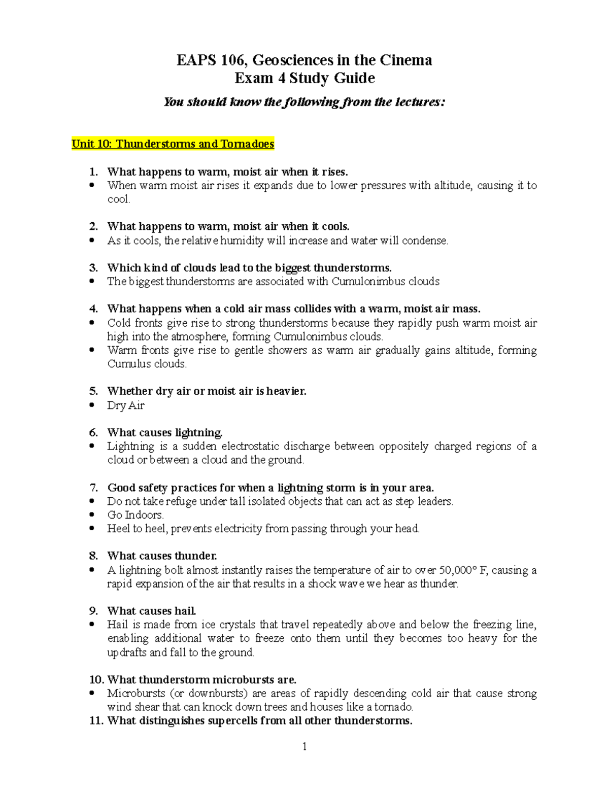EAPS 106 Exam 4 Study Guide: Thunderstorms, Tornadoes, and Climate ...