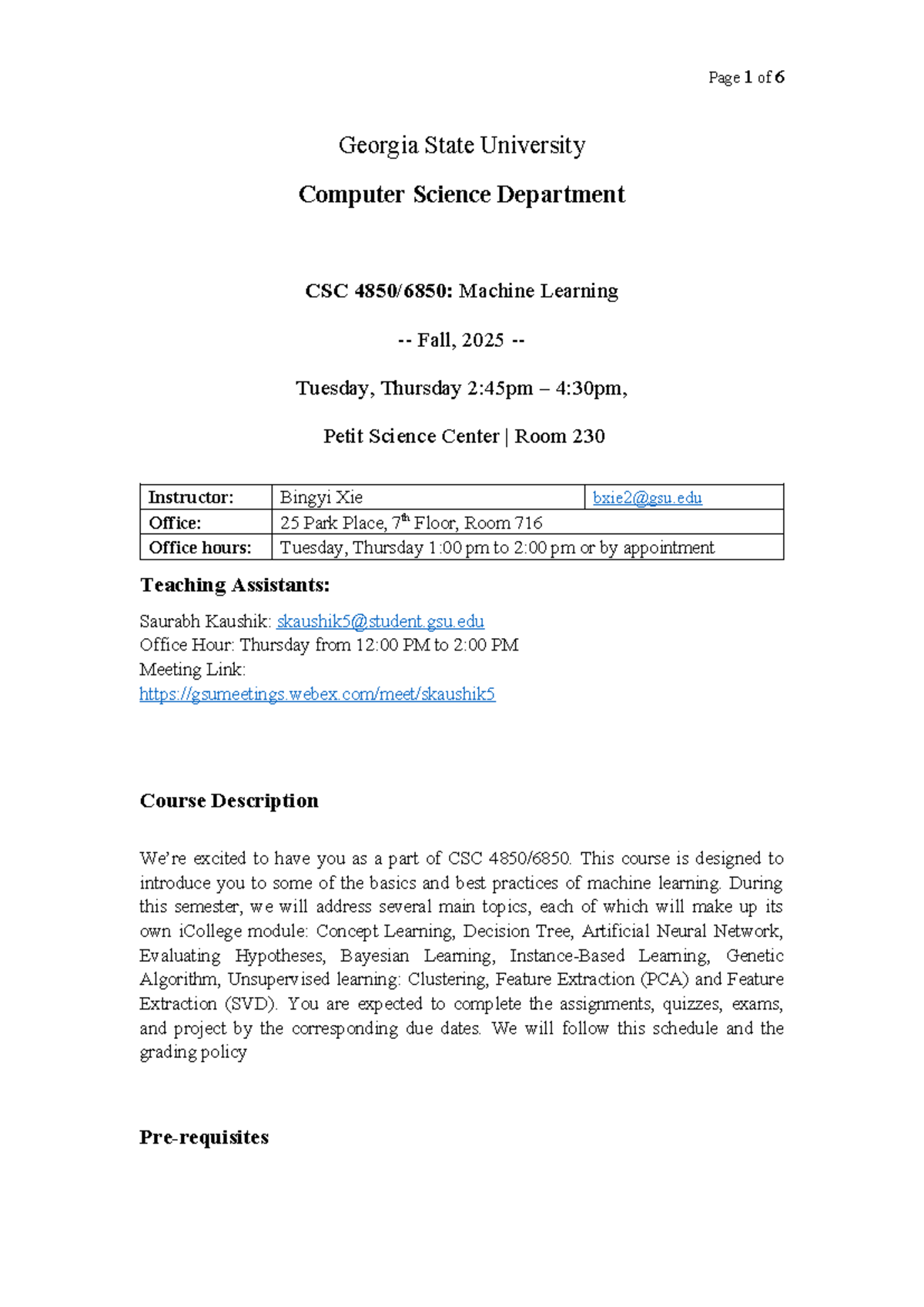 Syllabus for CSC 4850: Machine Learning - Fall 2025 - Studocu