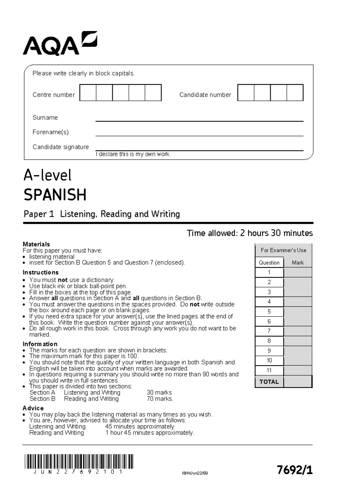 SPANISH Paper 1 Listening, Reading & Writing Exam - June 2022 - Studocu