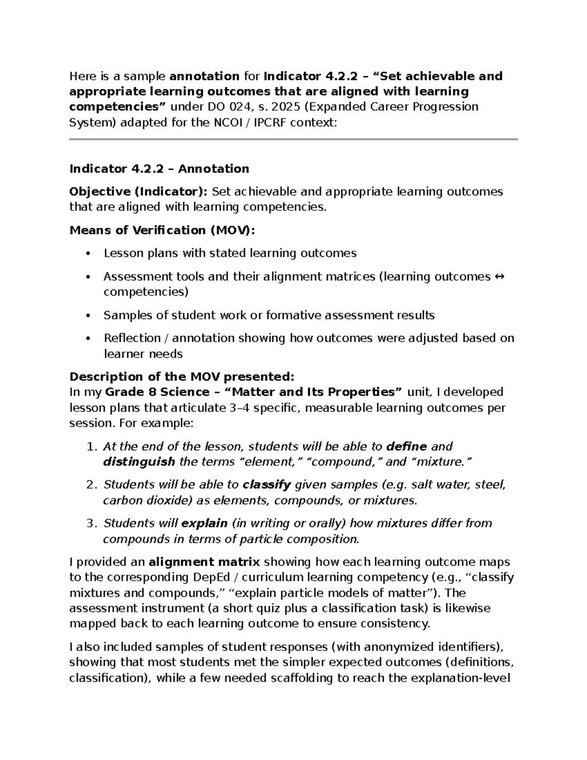 Indicator 4.2.2 Annotation: Achievable Learning Outcomes in ...