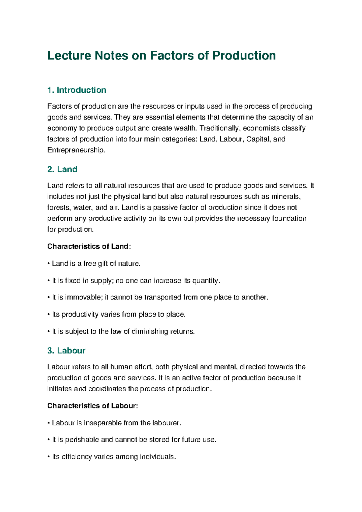 Factors of Production Lecture Notes - Overview and Insights - Studocu