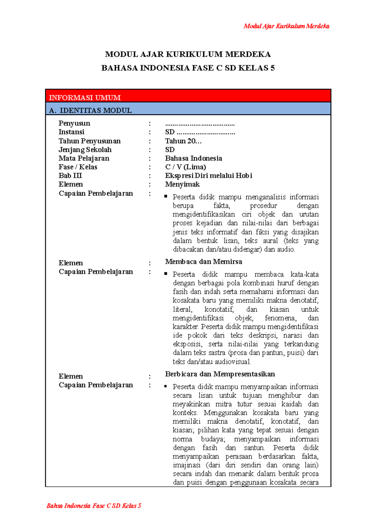 Modul Ajar Bahasa Indonesia Kelas 5 (PPG PRAJABATAN) - Bab 3 - Studocu