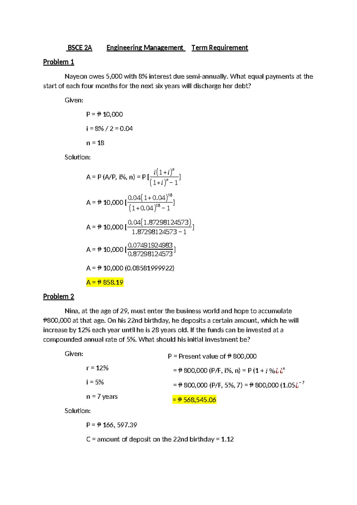 BSCE 2A Engineering Management Solved Problems on Financial Analysis ...