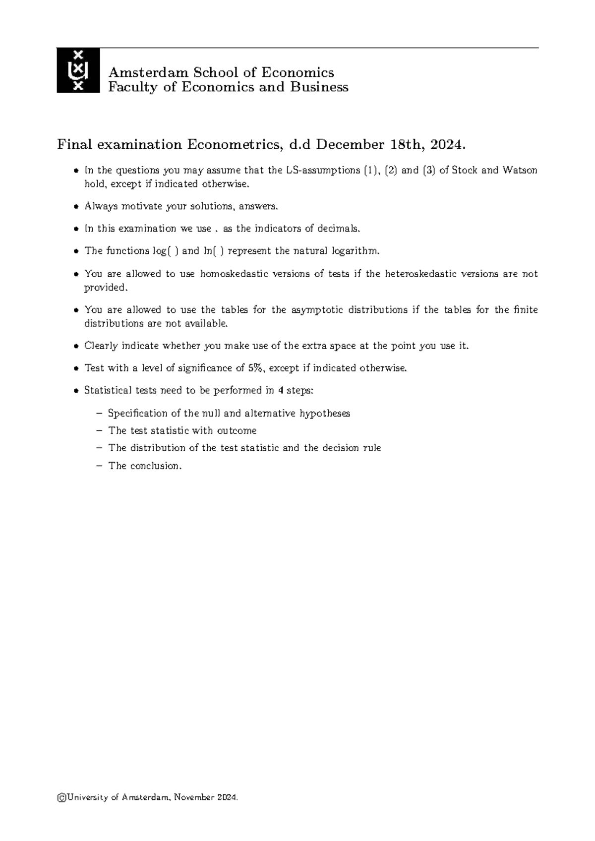 Final Exam Solutions for Econometrics (ECO 202) - December 2024 ...
