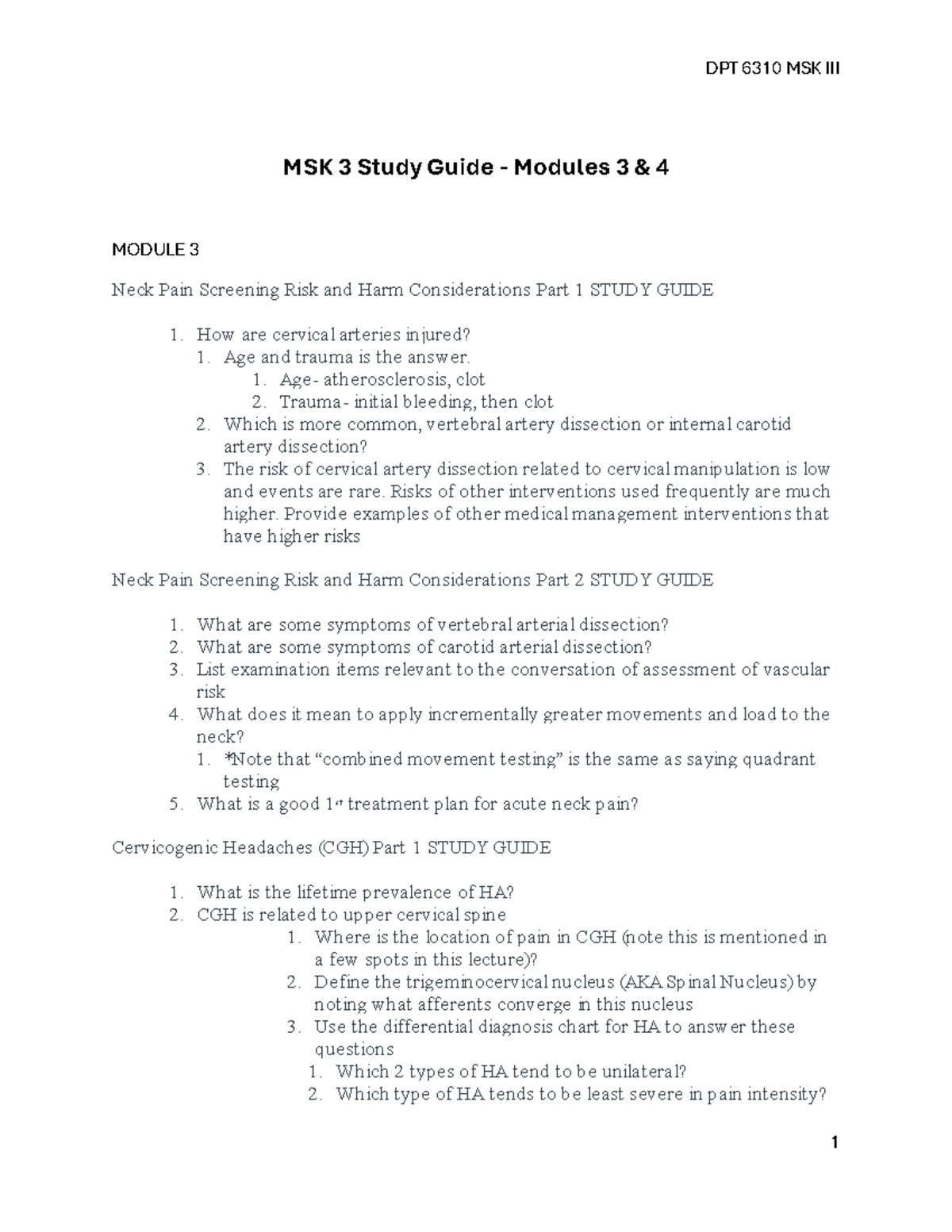 MSK III - Exam 2 Practice: Neck Pain, Stenosis, and Treatment ...