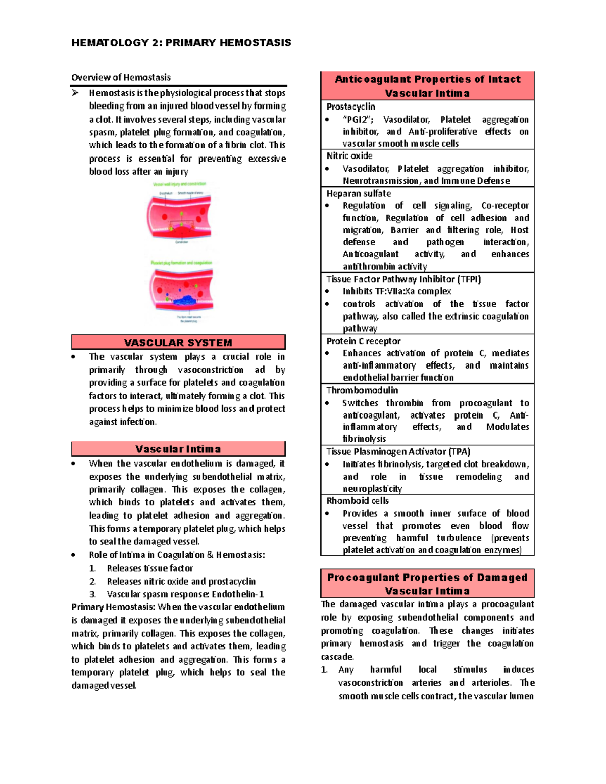 HEMATOLOGY 2: PRIMARY HEMOSTASIS Overview and Key Concepts - Studocu