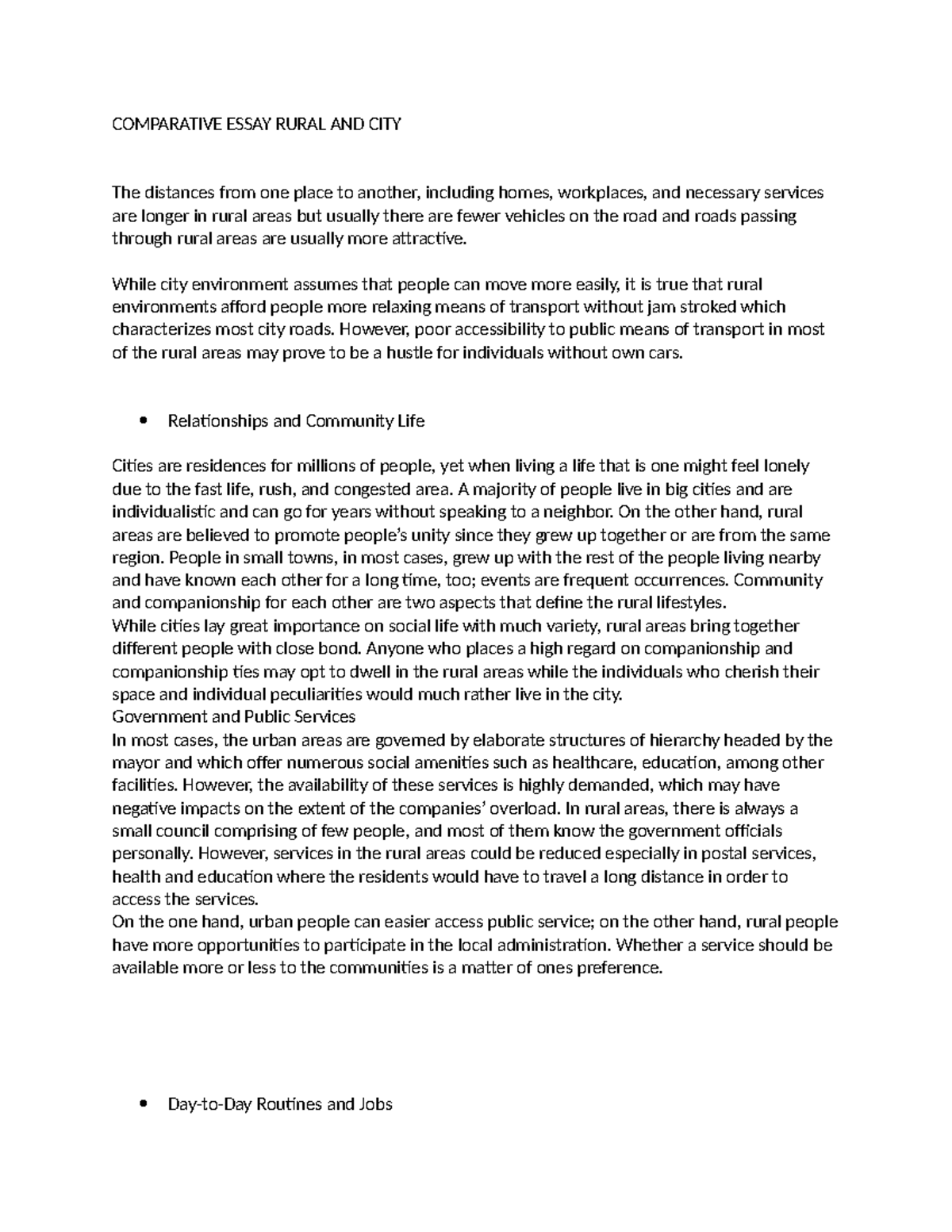 Comparative Essay Rural AND CITY - COMPARATIVE ESSAY RURAL AND CITY The ...