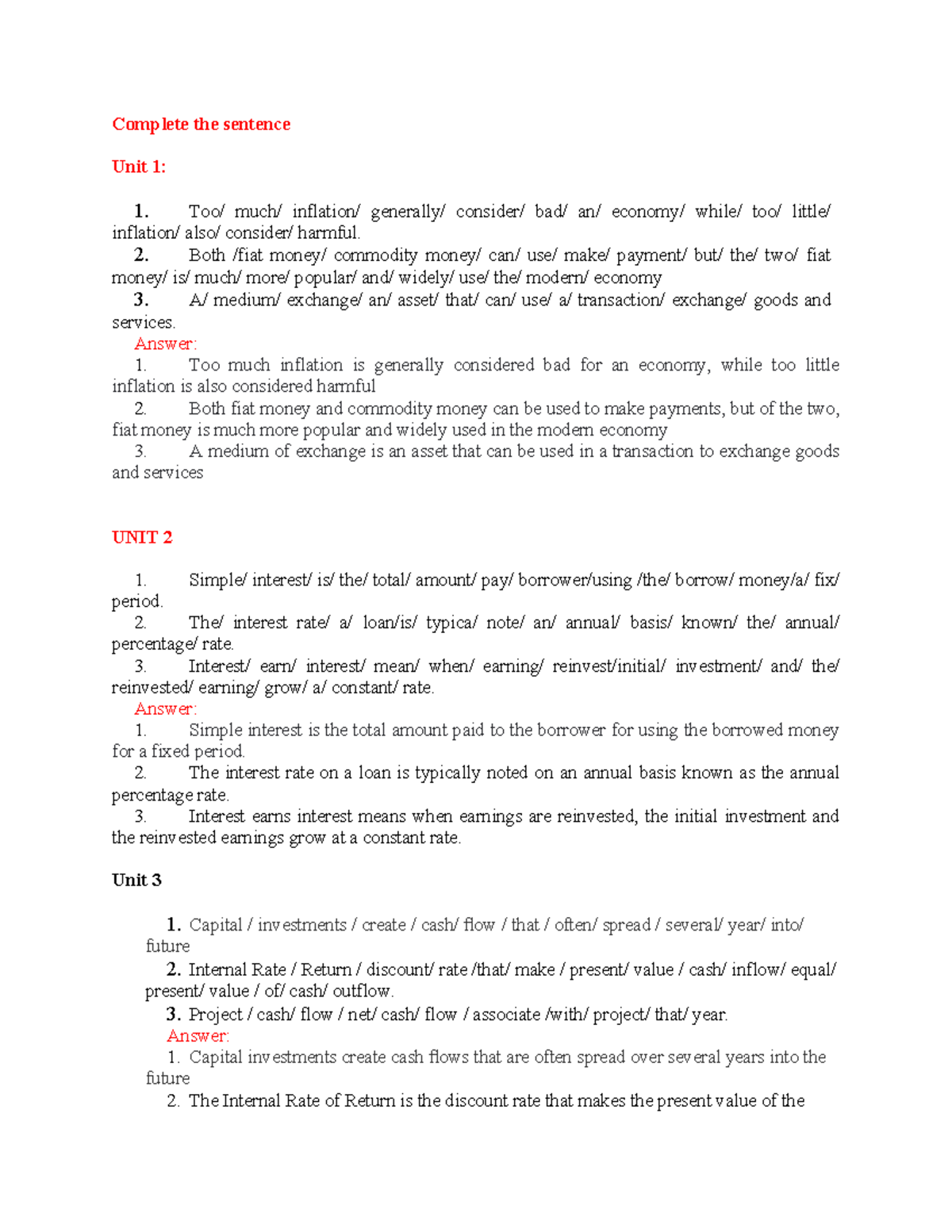 Complete the Sentence - Unit Exercises for English Language - Studocu