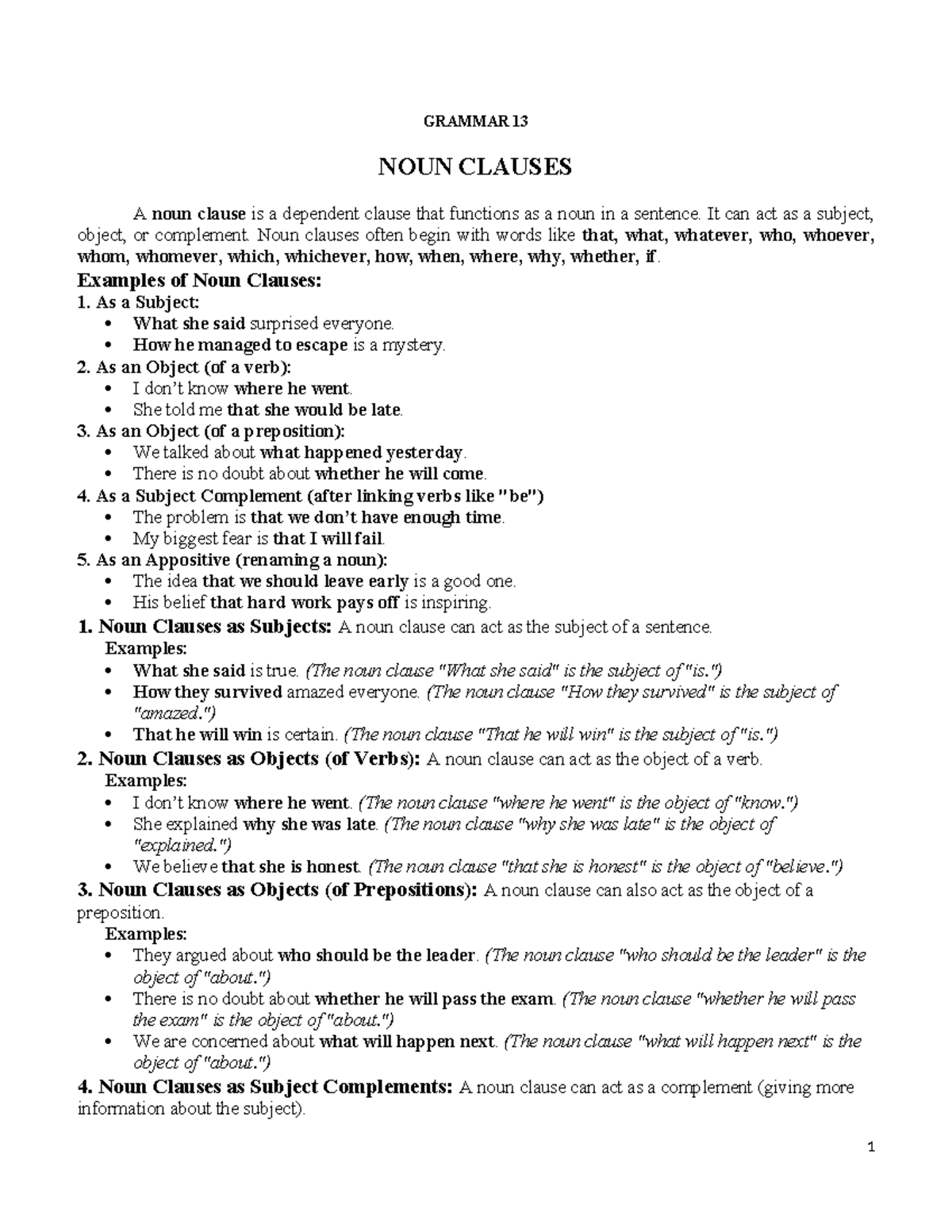 Grammar 13: Understanding Noun Clauses and Their Functions - Studocu