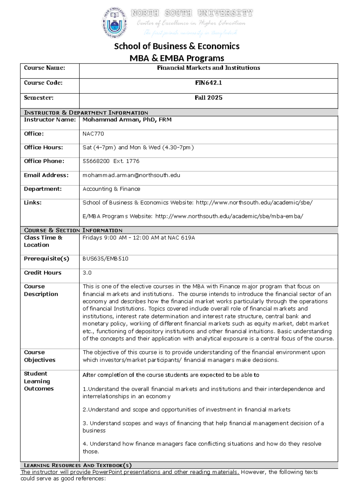 Financial Markets and Institutions Course Outline - FIN642.1 Fall 2025 ...