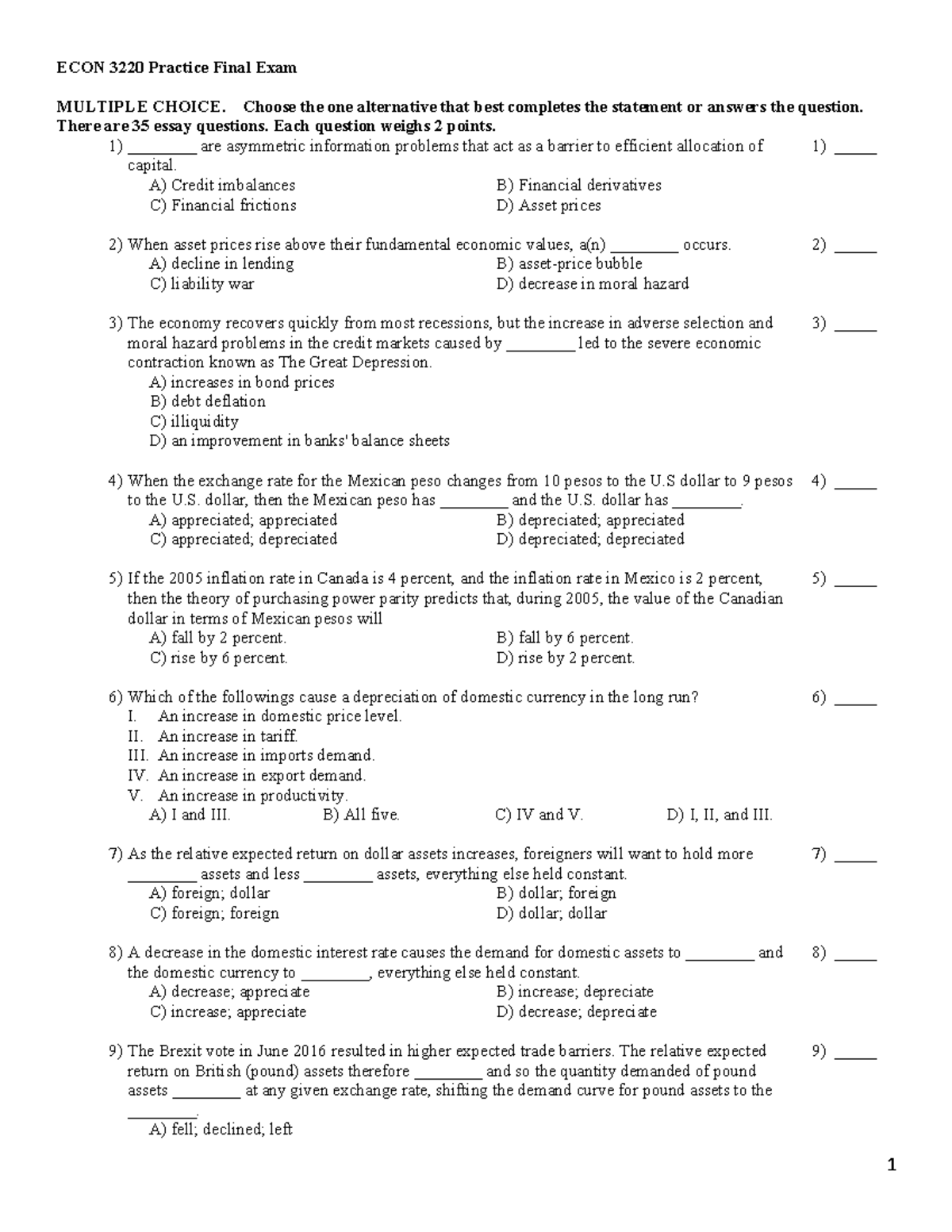ECON 3220 Final Practice Exam Questions and Answers - Studocu
