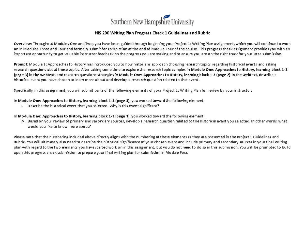 HIS 200 Writing Plan Progress Check 1: Guidelines and Rubric Overview ...