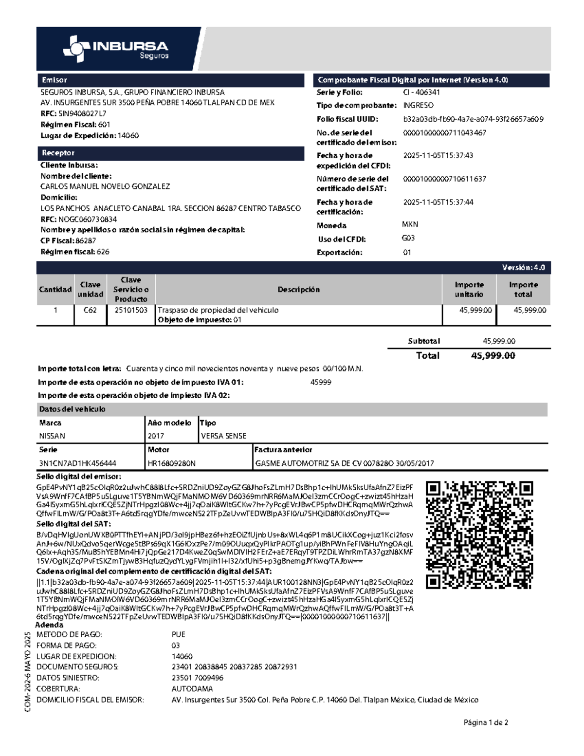 Factura CFDI 4.0 - Inbursa Seguros - Vehículo NISSAN 2017 - Document Preview