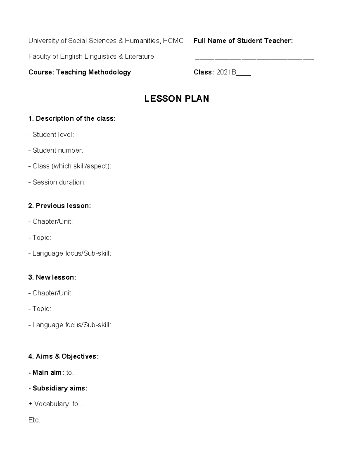 Lesson Plan Template for Teaching Methodology (ENG 101) - Studocu
