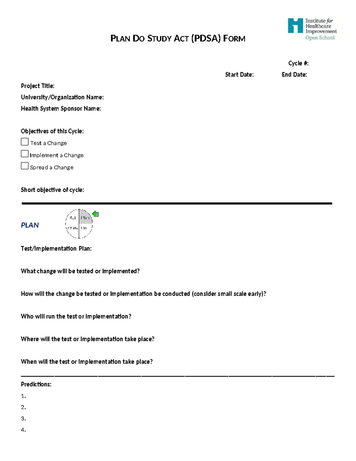 PDSA Form - pdsa form - PLAN DO STUDY ACT (PDSA) FORM Project Title ...