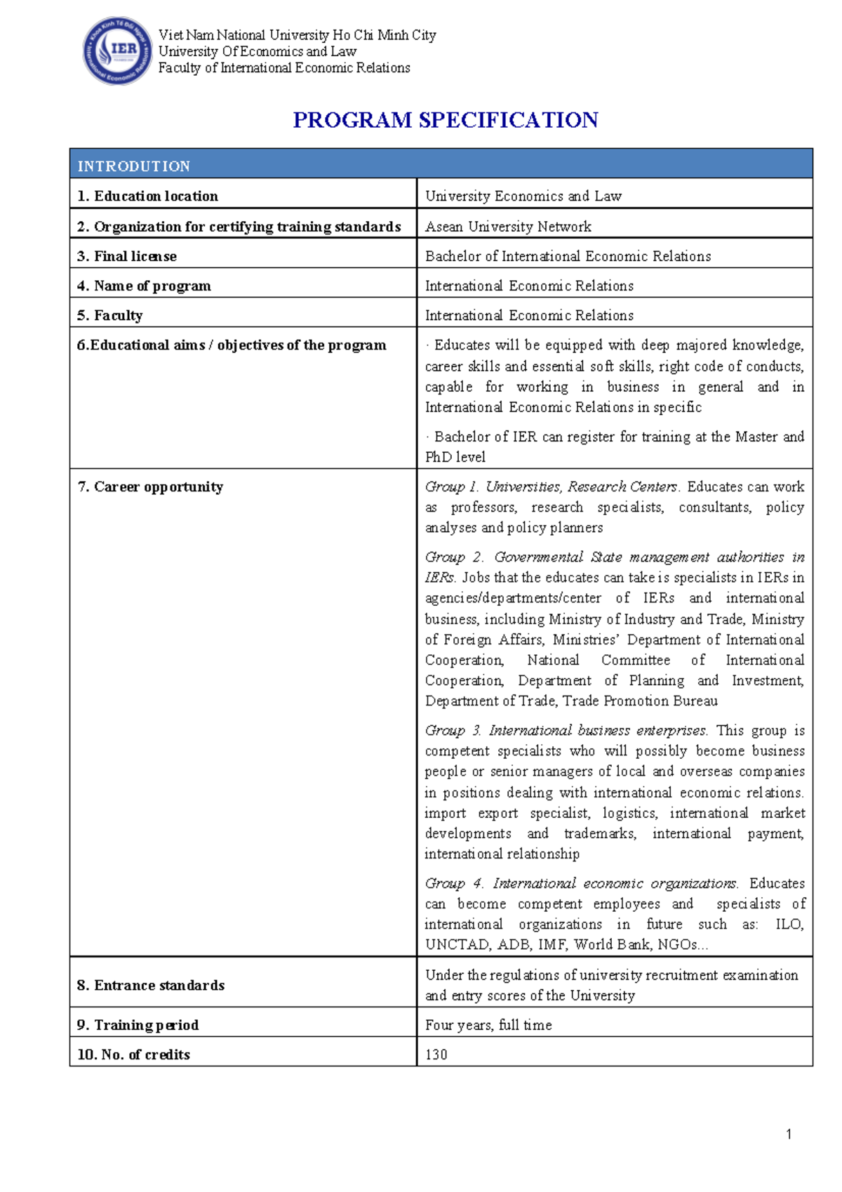 Program Specification for Bachelor of International Economic Relations ...