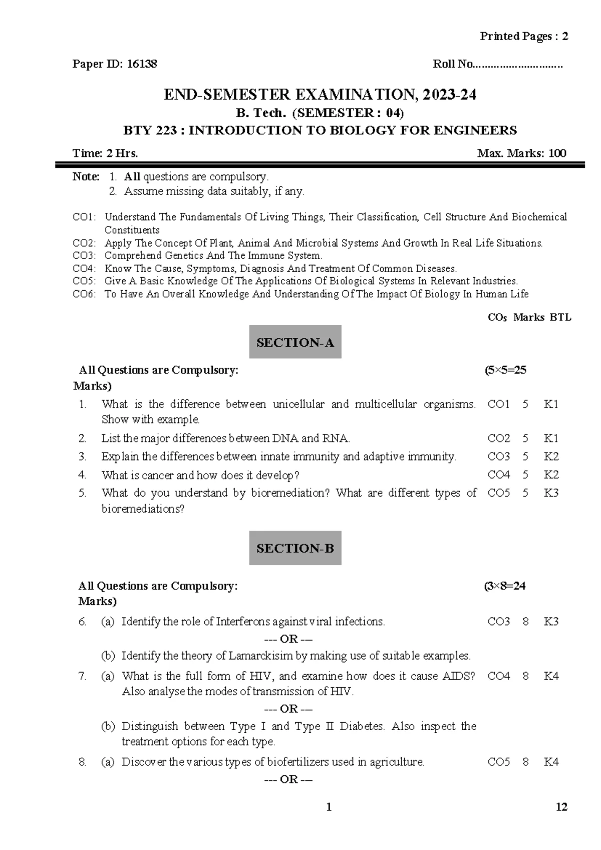 Bio 2 - Final Exam Study Guide for BTY 223: Introduction to Biology ...