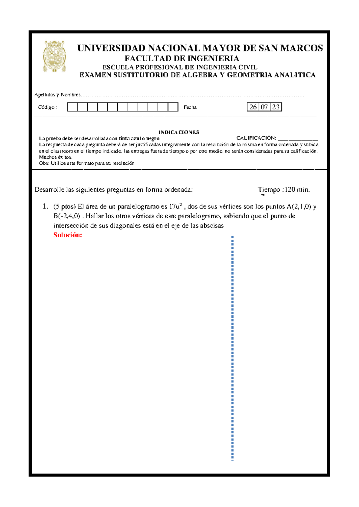 Examen Sustitutorio de Álgebra y Geometría Analítica - AGA - Document Preview