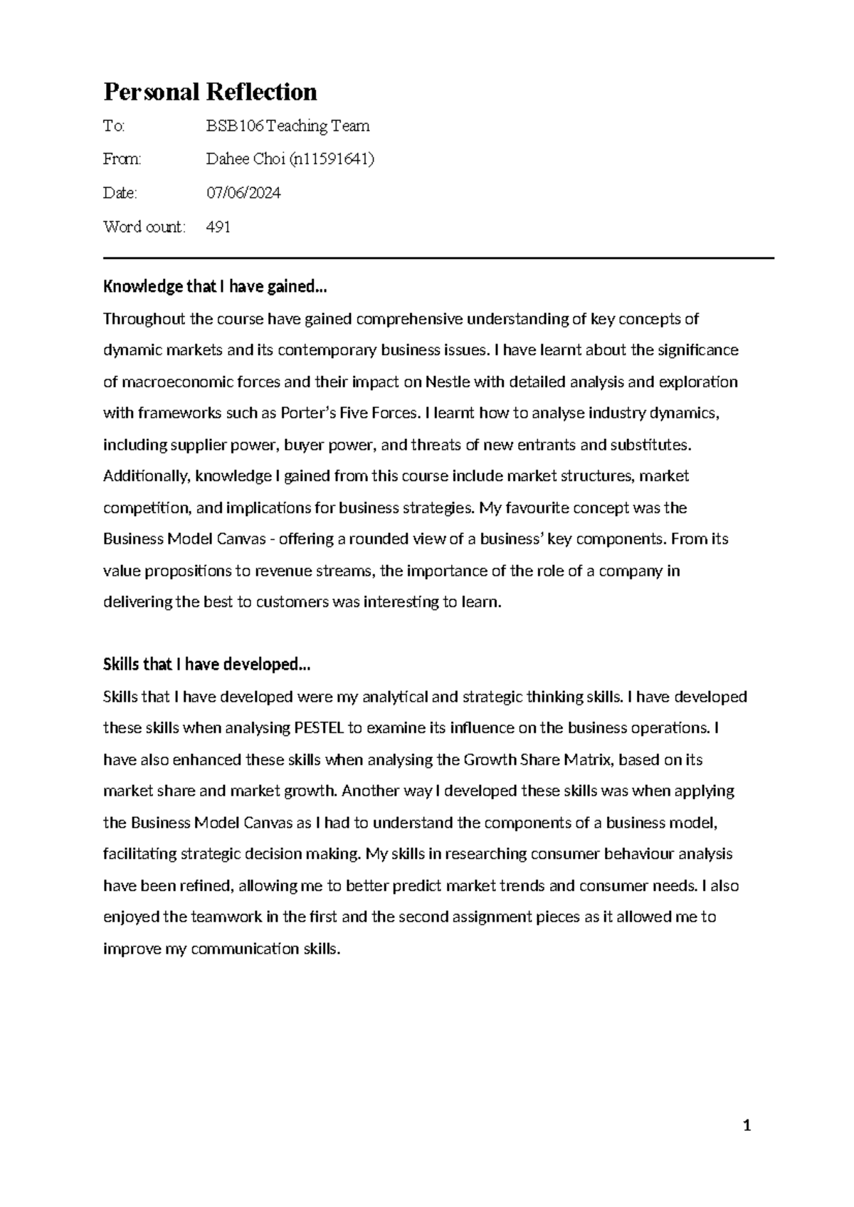Written personal reflection - Personal Reflection To: BSB106 Teaching ...