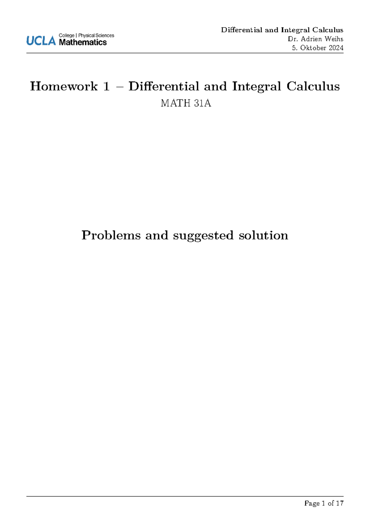 MATH 31A - HW 1 Solutions for Differential and Integral Calculus - Studocu