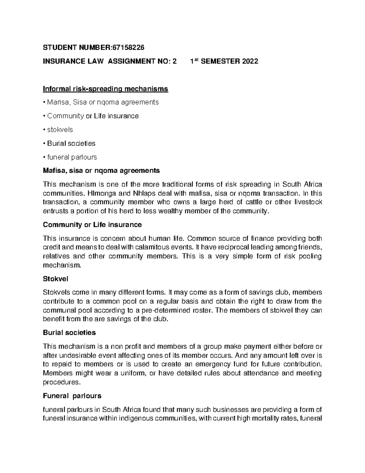 Insurance LAW ASS NO 2 2022 - STUDENT NUMBER: INSURANCE LAW ASSIGNMENT ...