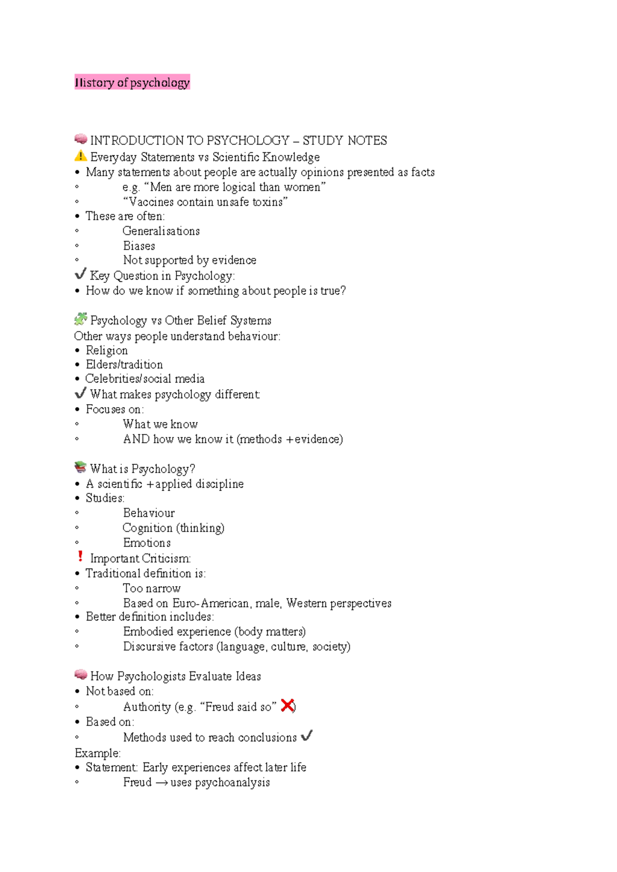 Introduction to Psychology – Study Notes - Studocu