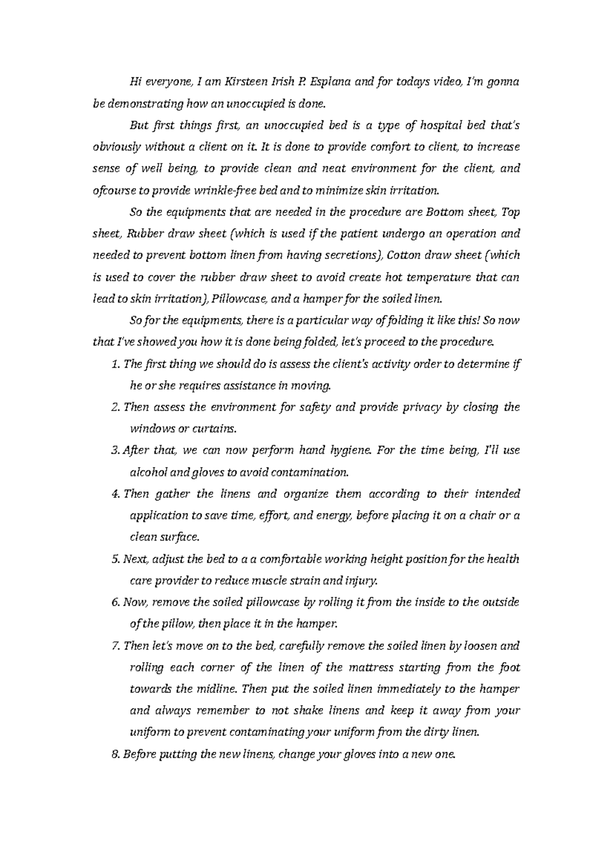 Unoccupied Bed Procedure Demo - Nursing Skills Guide - Studocu
