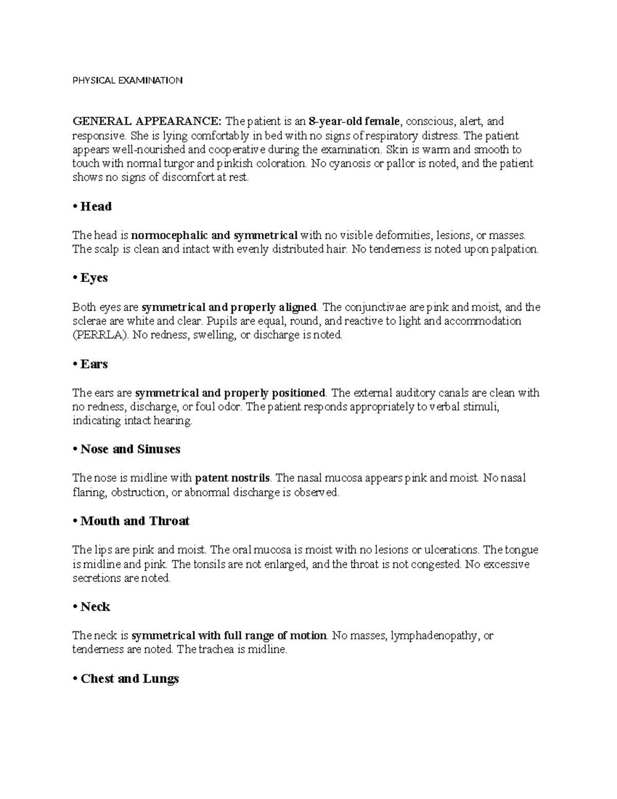 PHYSICAL EXAMINATION: GENERAL APPEARANCE & FINDINGS - Studocu