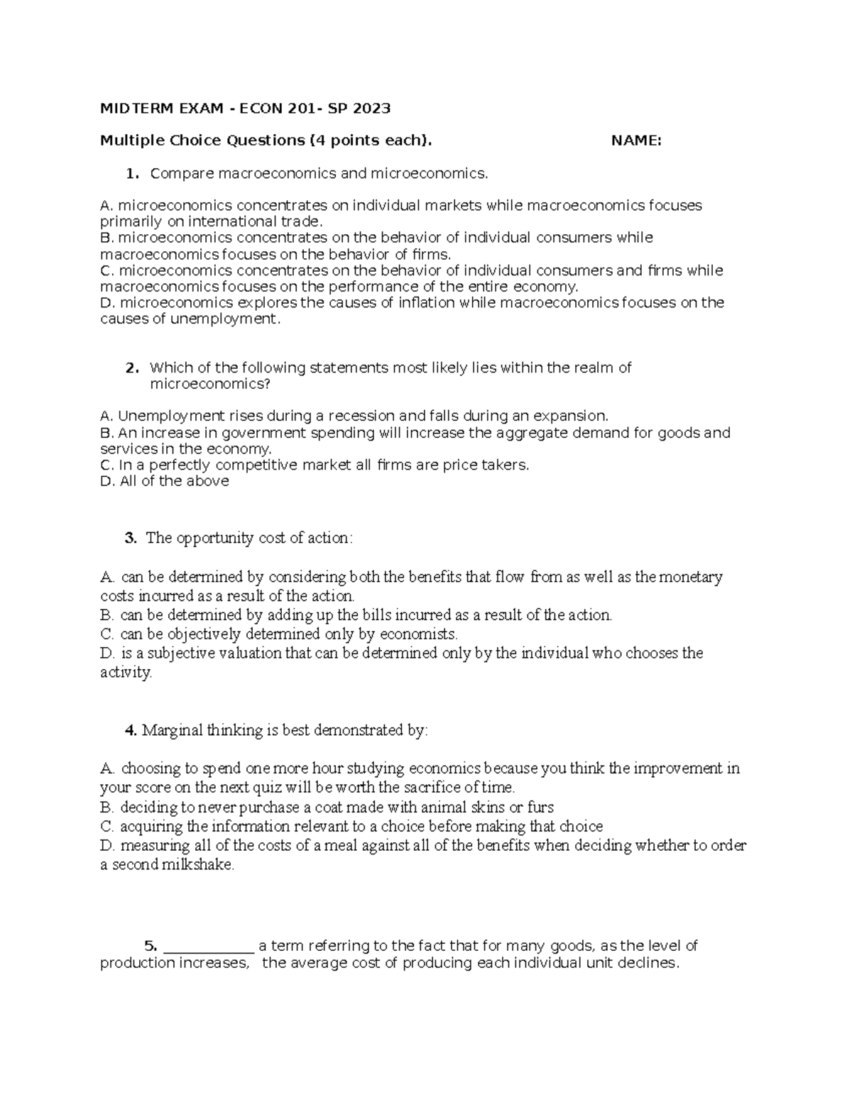 Midterm Exam Study Guide - ECON 201 - SP 2023 - Studocu