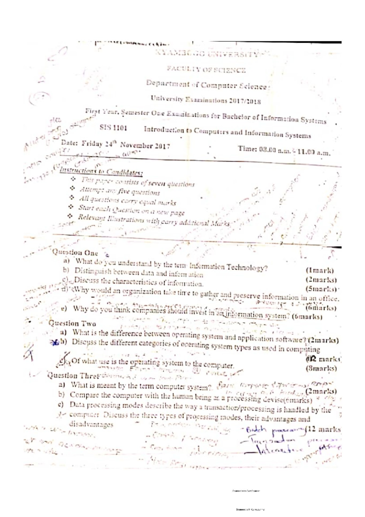 SIS 1101 Final Exam Past Papers: Introduction to Computers 1 & 2 - Studocu