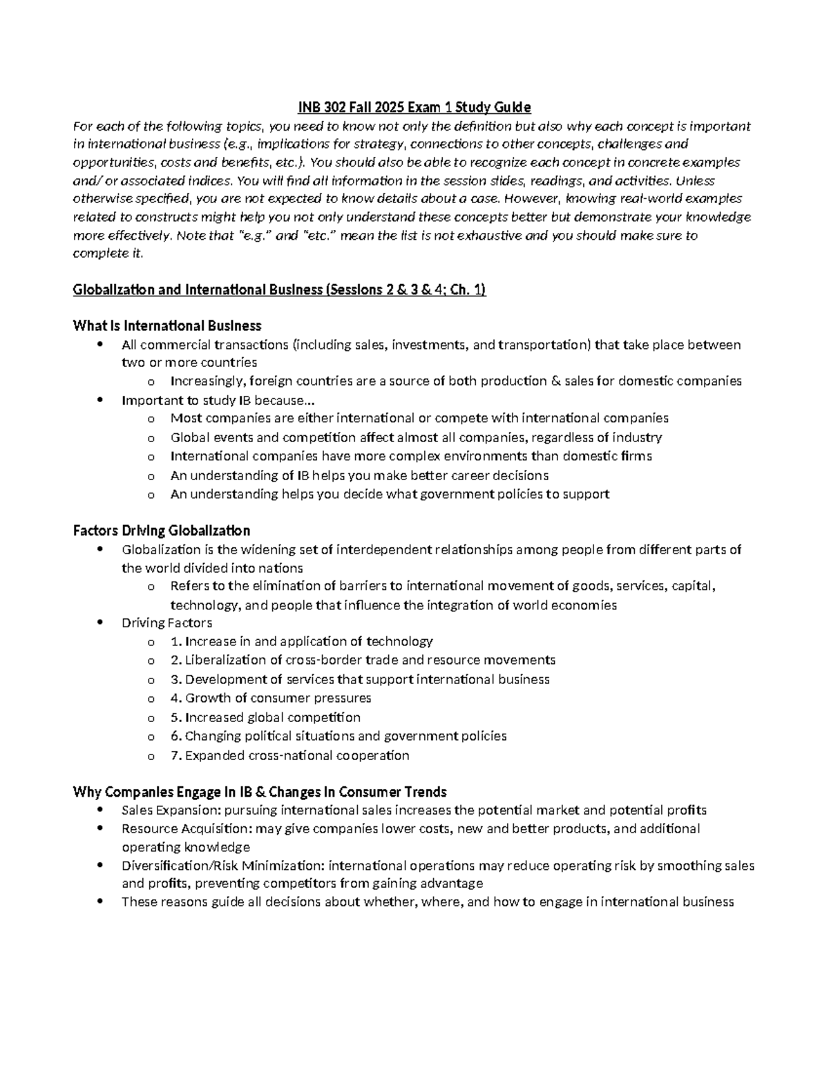 INB 302 Fall 2025 Exam 1 Study Guide: Key Concepts in IB - Studocu