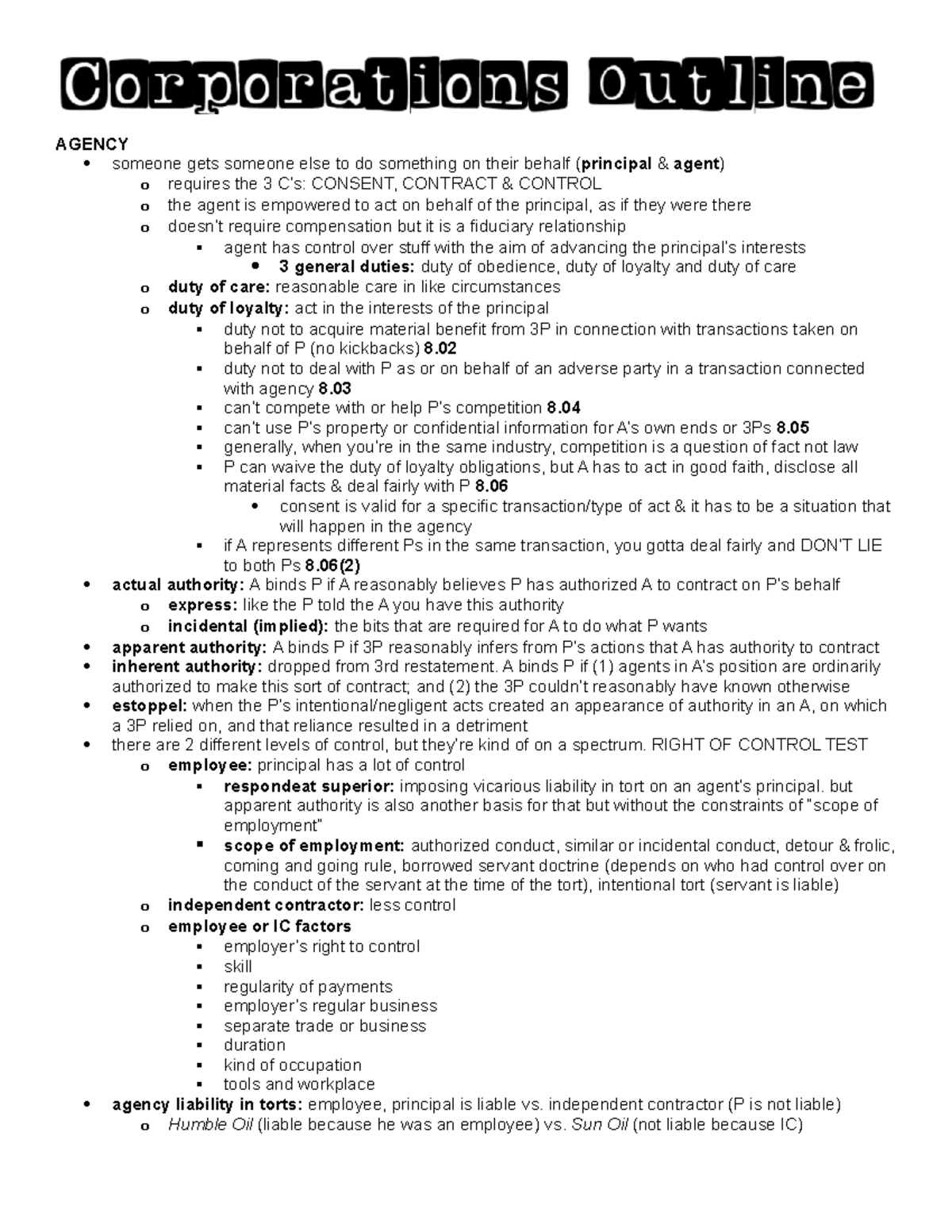 BE 123: Agency Law Overview and Principal-Agent Relationship Notes ...