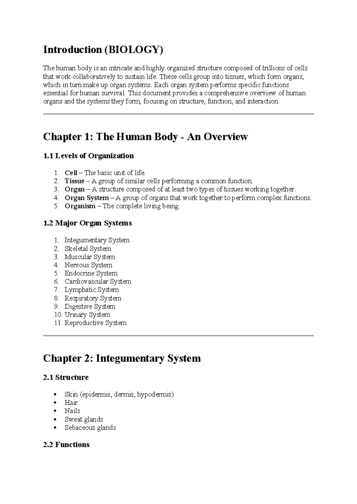 Introduction to Human Body Systems (BIOLOGY) - Midterm Overview - Studocu