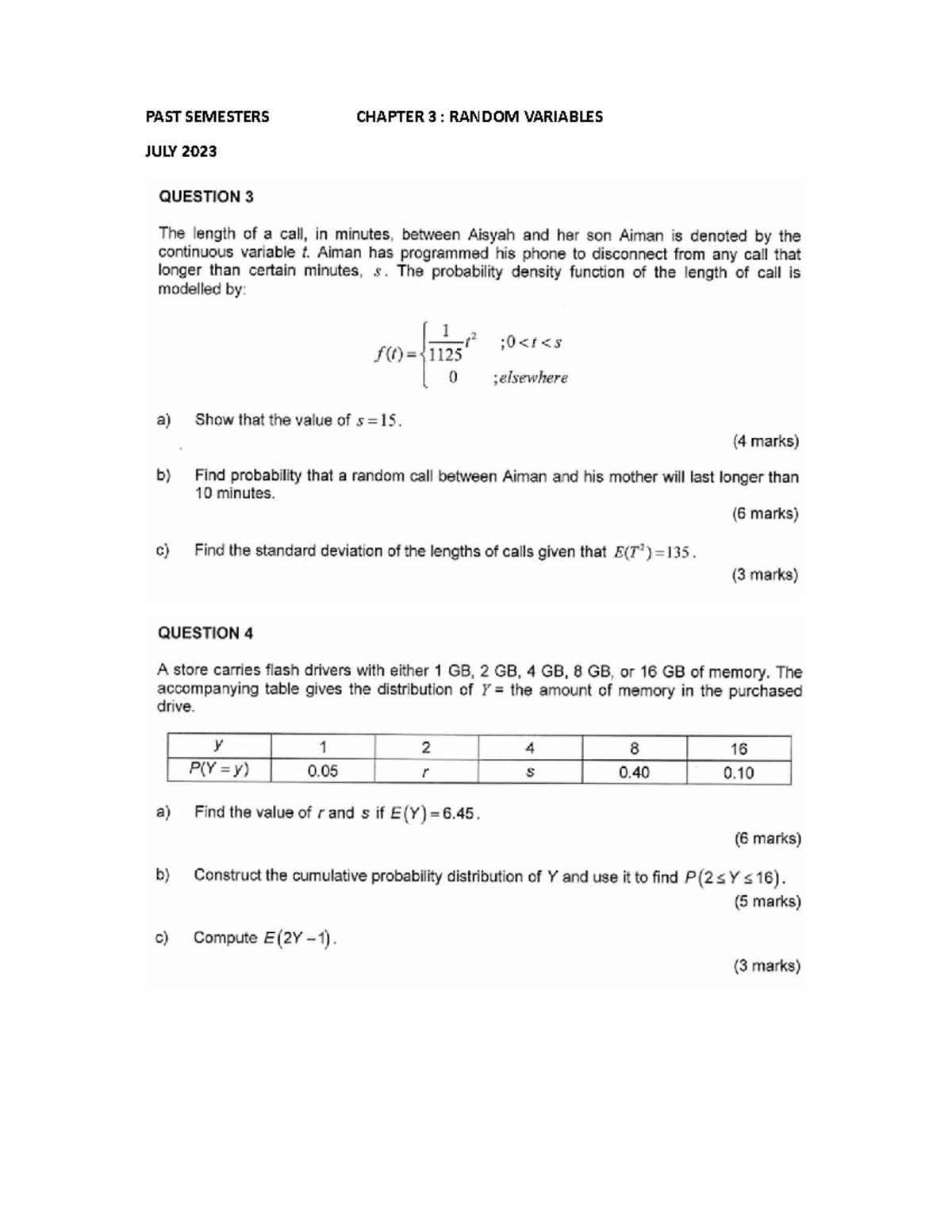 Chapter 3 PAST Semesters - Statistics & Probability - PAST SEMESTERS ...