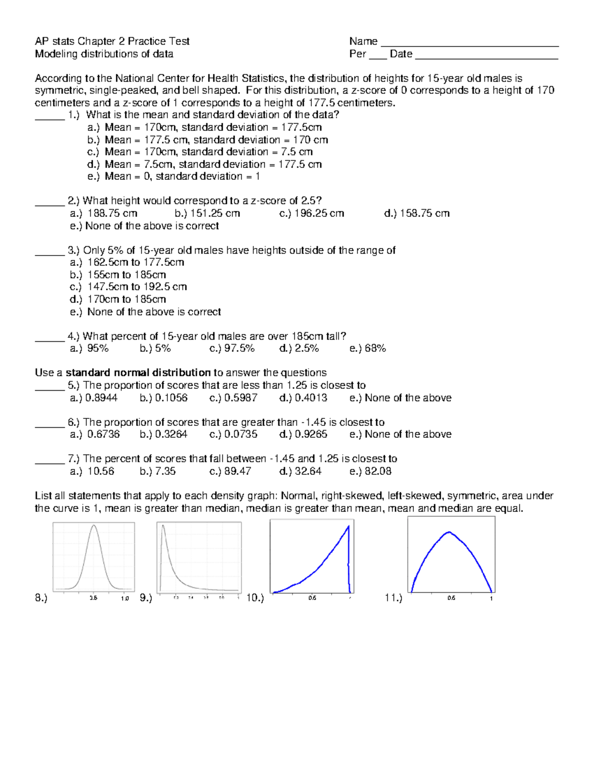 AP Stats Chapter 2 Practice Test Review 2017 - Studocu
