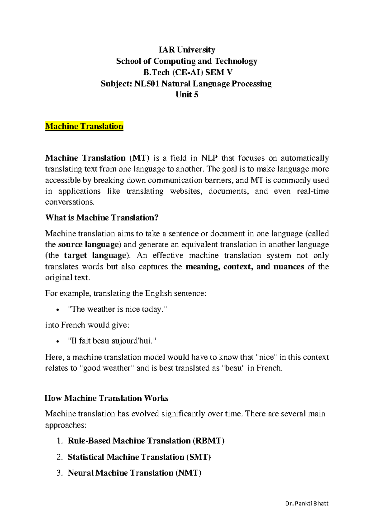 NLP Unit 5: Machine Translation Overview and Techniques - Studocu
