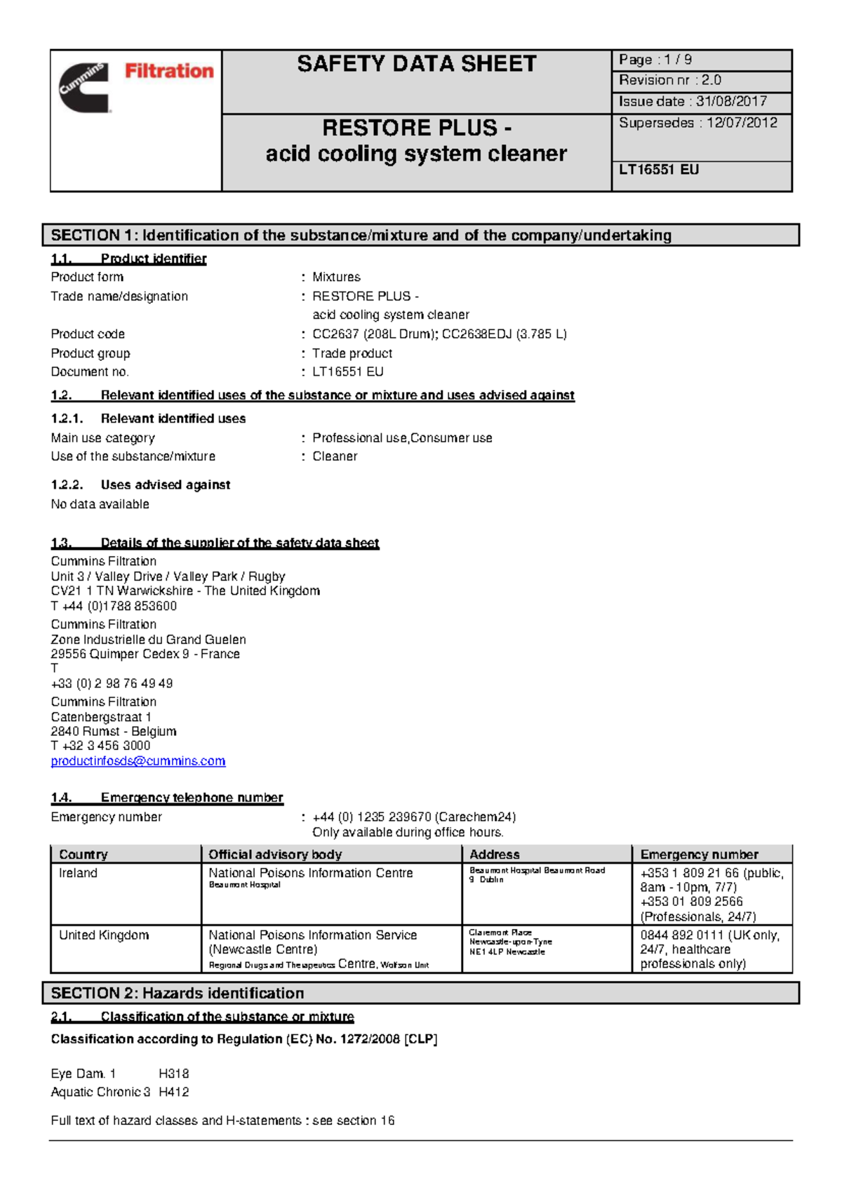 SAFETY DATA SHEET: RESTORE PLUS Acid Cooling System Cleaner (CC2637 ...