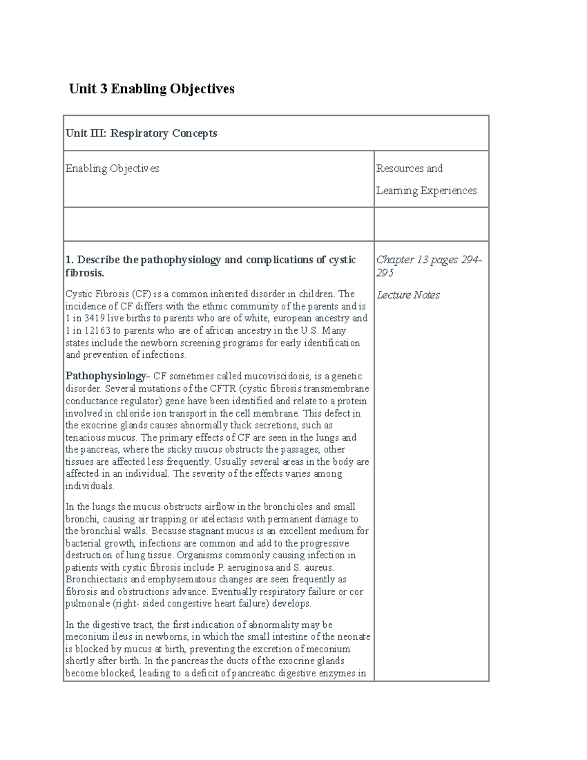 Unit 3 Enabling Objectives: Pathophysiology of Respiratory Disorders ...