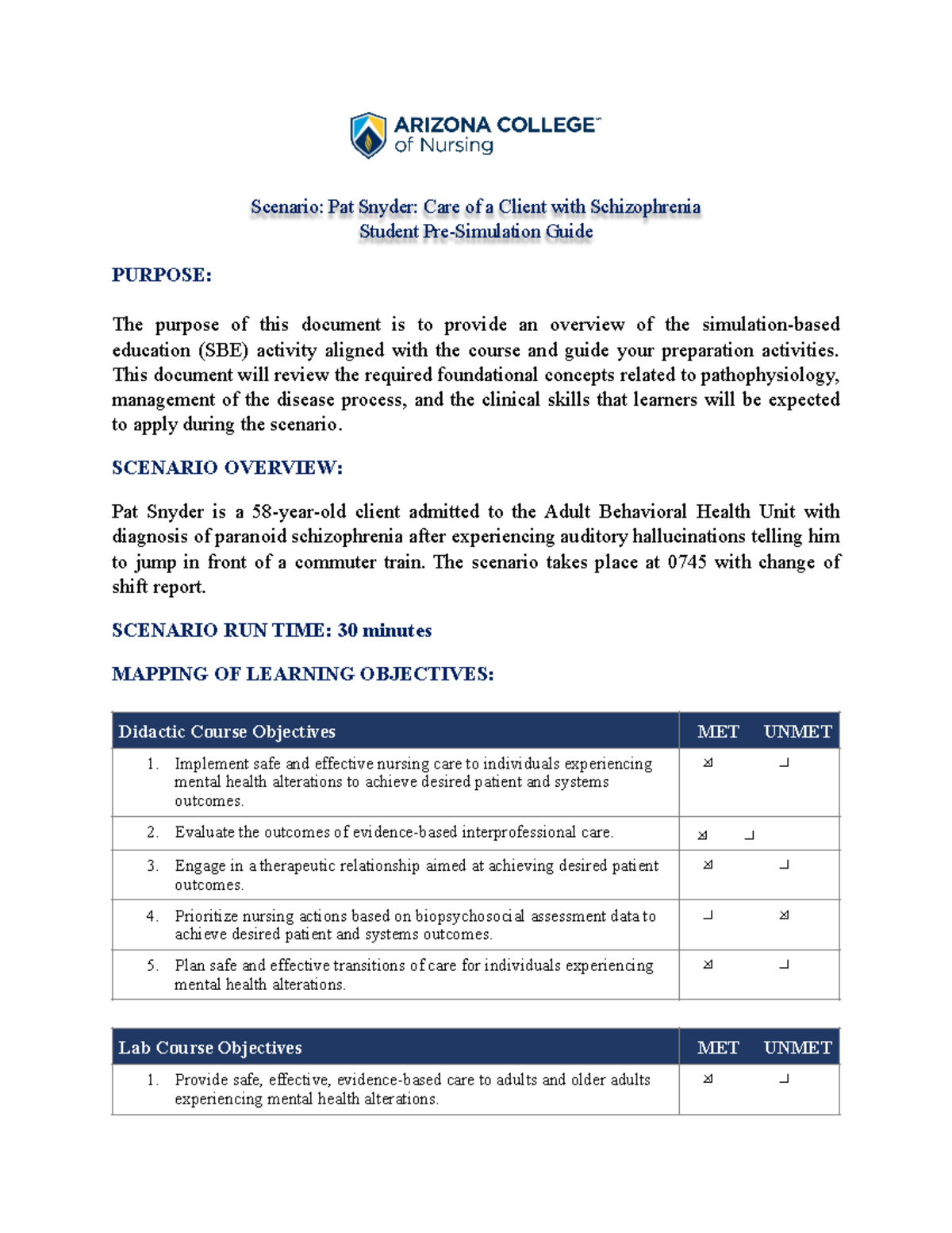 Pat Snyder Client Care Simulation: Schizophrenia Pre-Simulation Guide ...