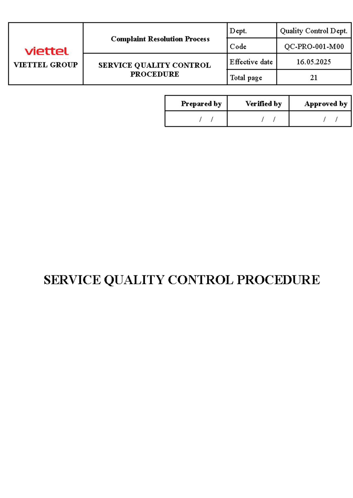 Complaint Resolution Process: Viettel Group Quality Control Procedure ...