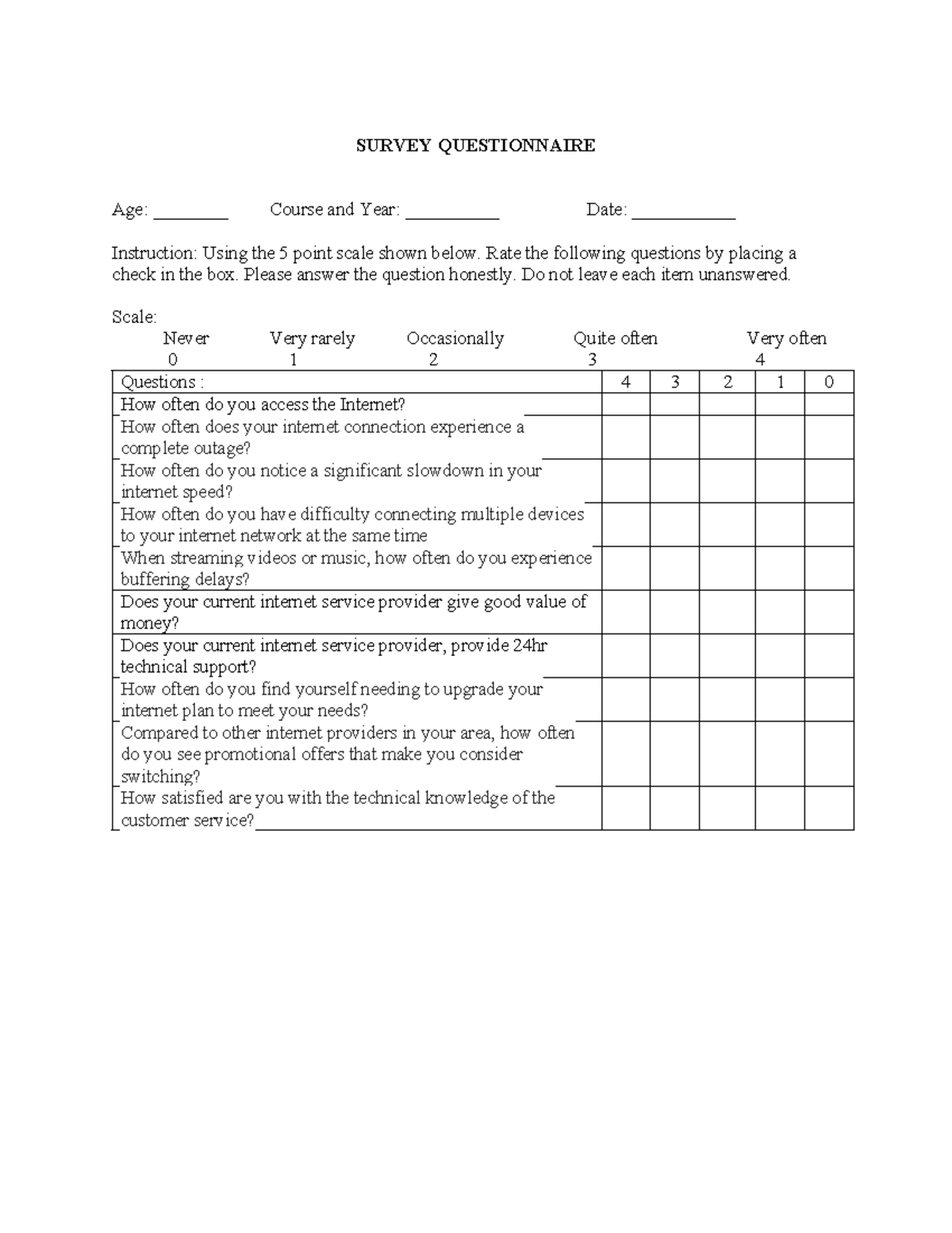 Survey Questionnaire - SURVEY QUESTIONNAIRE Age: ________ Course and ...