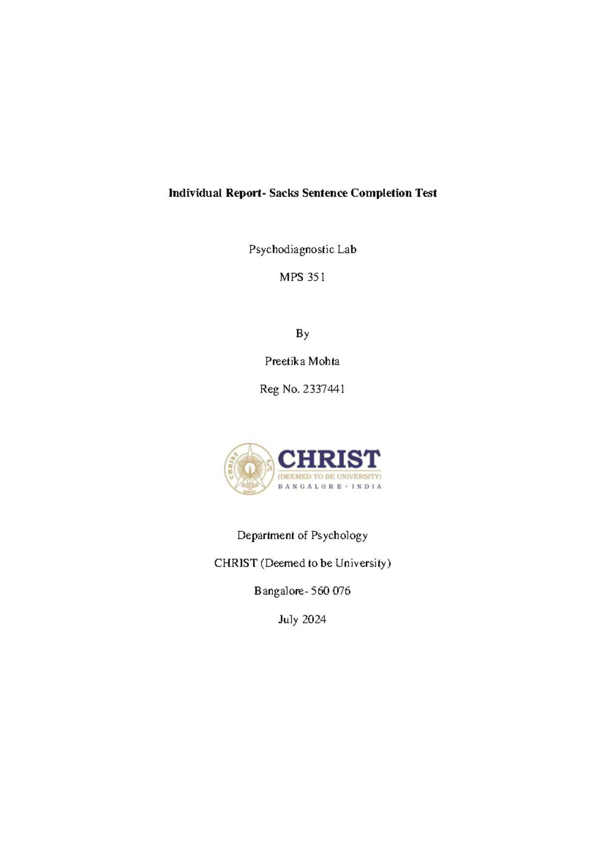 MPS 351 - Sacks Sentence Completion Test Individual Report Analysis ...