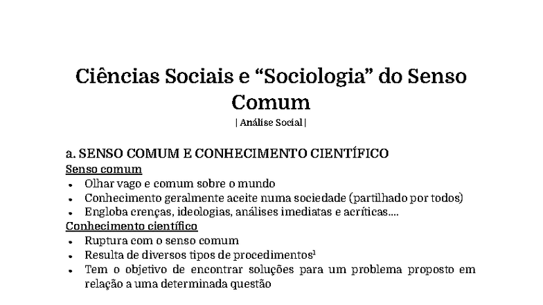 Análise Social: Senso Comum e Conhecimento Científico - Studocu