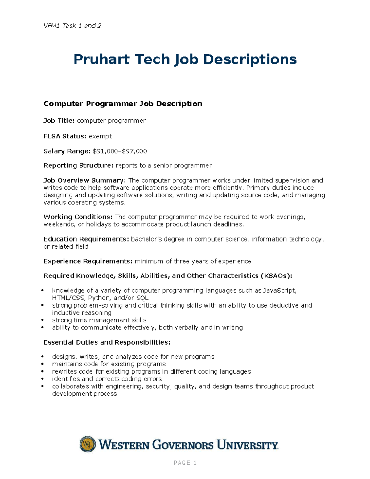 VFM1 Task 1 & 2: Pruhart Tech Programmer Job Descriptions - Studocu