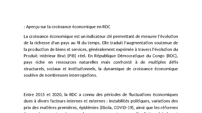 Aperçu sur la Croissance Économique en RDC (2015-2020) - Studocu