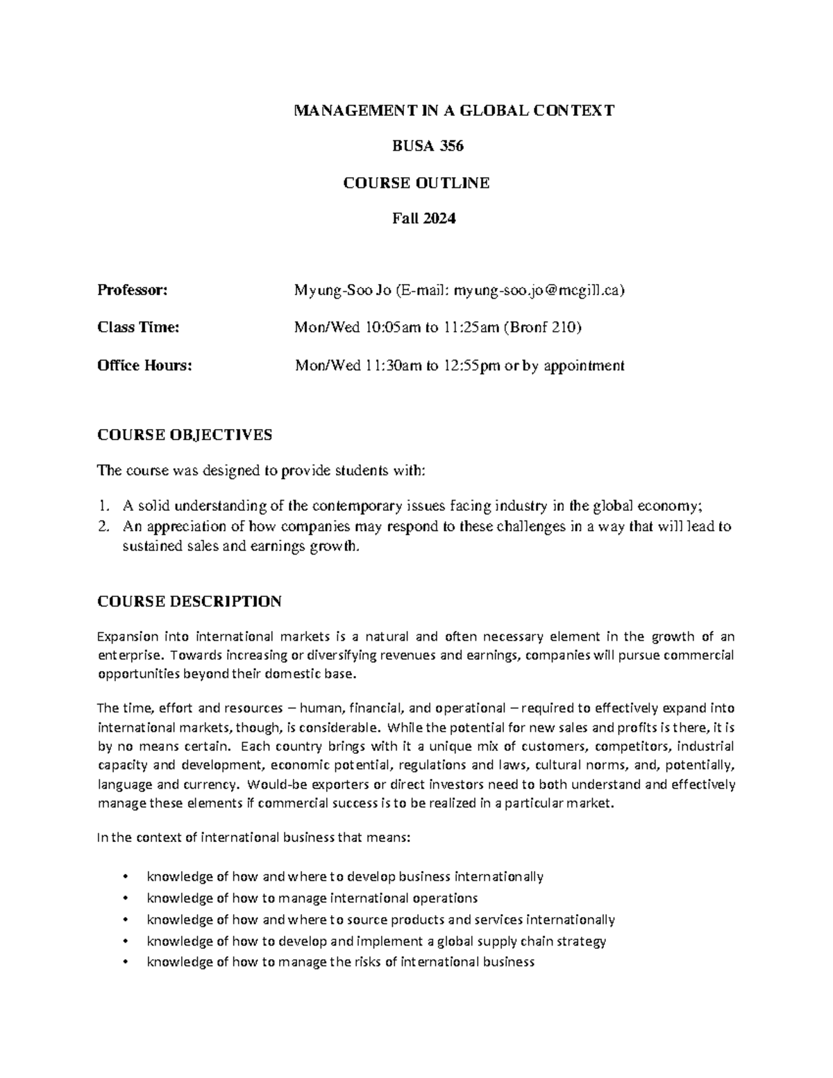 BUSA 356 Management in a Global Context Course Outline Fall 2024 - Studocu