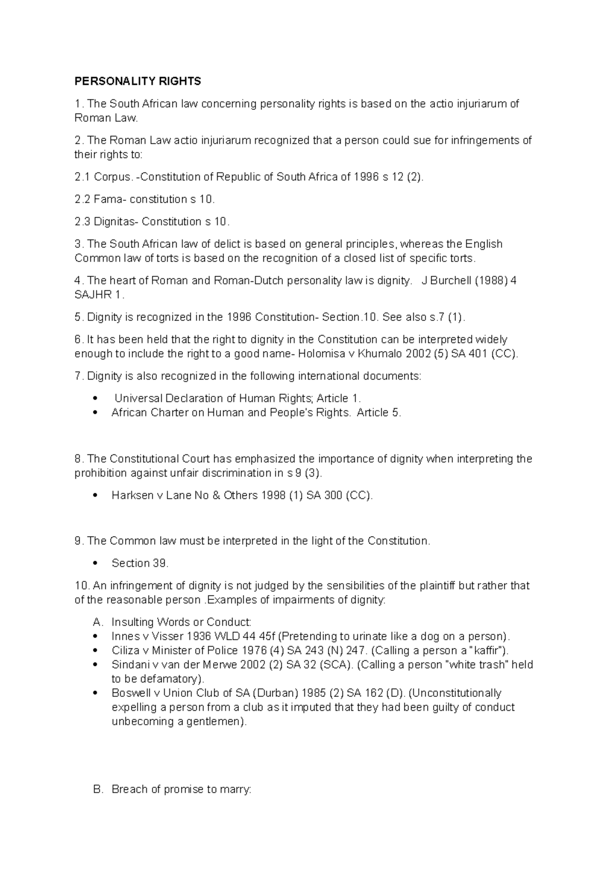 Dignity and Personality Rights: A Study of South African Law - Studocu